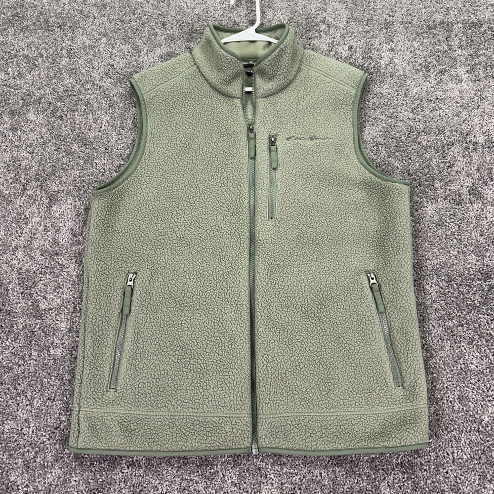 Eddie Bauer Vest Mens Medium Green Fleece Full Zip Pockets Outdoor Hiking